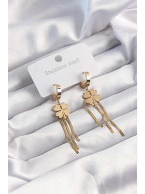 Inure Jewelry 316L Çelik Altın Renk Italyan Zincirli Yonca Model Halka Küpe