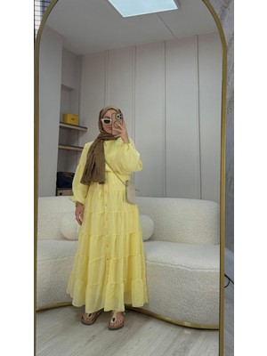 Semra İlhan Semra Ilhan Astarlı Şifon Elbise Düz Sarı