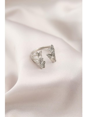 Inure Jewelry Gümüş Renk Metal Kelebek Model Kadın Yüzük