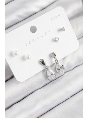 Inure Jewelry Pirinç Zirkon Taşlı Sallantılı Damla Model Gümüş Renk 925 Ayar Gümüş Çivi Kadın Küpe Set