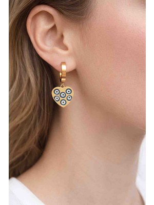 Mira Kadın Altın Renk Kalp Figürlü Nazar Boncuklu Çelik Küpe