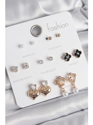 Inure Jewelry Pirinç Gold Renk Zirkon Taşlı Kalp Figür Siyah Yonca Detay 7 Çift Kadın Küpe Seti