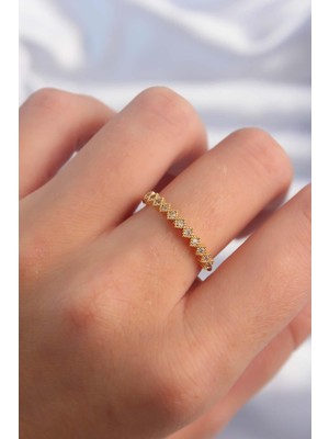 Inure Jewelry Pirinç Altın Renk Minimal Sıralı Zirkon Taşlı Ayarlanabilir Yüzük