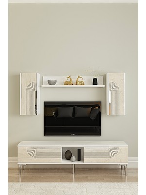 Ceneyra TVR1502BTS - Meyra TVR150 Tv Ünitesi Takım 150CM Beyaz -Traverten Kapak - Silver