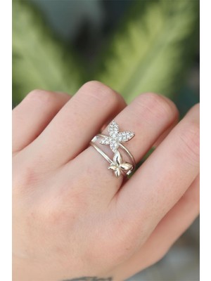Inure Jewelry Pirinç Gümüş Renk Ayarlanabilir Zirkon Taşlı Kelebek Yüzük