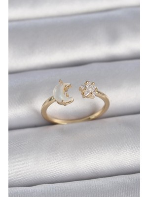 Inure Jewelry Pirinç Gold Renk Incili Hilal Zirkon Taşlı Yıldız Ayarlanabilir Model Kadın Yüzük