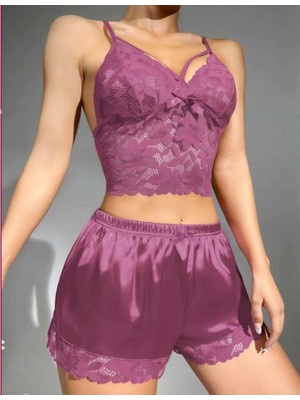 MyDora Lingerie Lüks Mor Saten Uyku Takımı Dantel Detaylı ve Ince Askılı