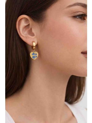 Mira Kadın Mavi Yonca Detaylı Altın Renk Kalp Küpe – Paslanmaz Çelik