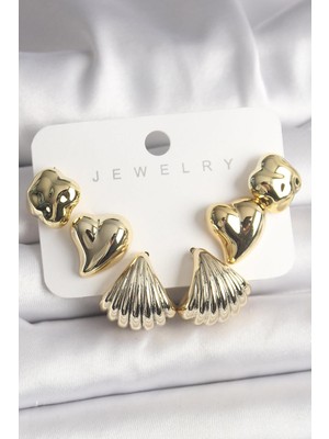 Inure Jewelry Gold Renk Yonca Kalp Deniz Kabuğu Figür Ccb Kadın Küpe Seti