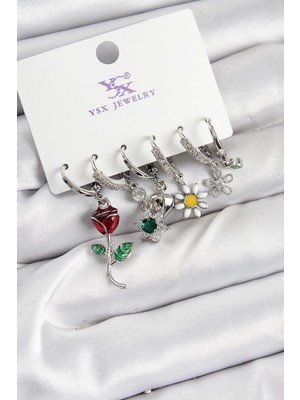 Inure Jewelry Pirinç Zirkon Taşlı Gül ve Papatya Model Gümüş Renk 3'lü Çift Kadın Küpe