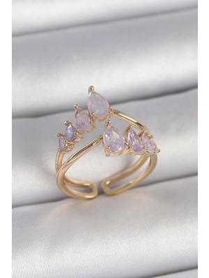 Inure Jewelry Pirinç Gold Renk Mor Damla Zirkon Taşlı Taç Model Kadın Yüzük