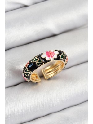 Inure Jewelry Pirinç Siyah Mineli Çiçek Motifli Gold Renk Ayarlanabilir Kadın Yüzük