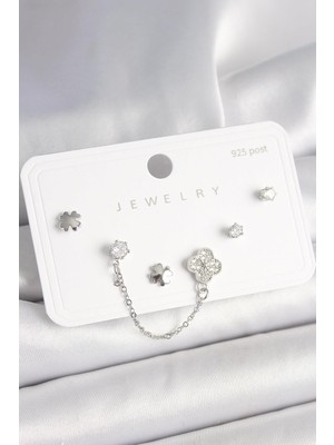 Inure Jewelry 925 Ayar Gümüş Çivi Pirinç Gümüş Renk Zirkon Taşlı Yonca Model Sallantı Zincir Detay Kadın Küpe Seti