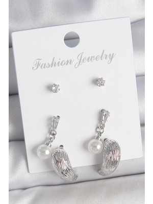 Inure Jewelry Pirinç Gümüş Renk Sallantılı Zirkon Taşlı Damla Model 3 Çift Kadın Küpe Seti