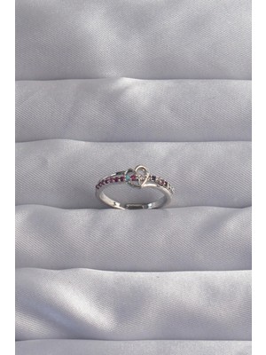 Inure Jewelry Pirinç Gümüş Renk Renkli Zirkon Taşlı Ayarlamalı Yüzük