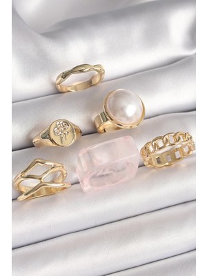 Inure Jewelry Pirinç Gold Renk Beyaz Incili Zincir Yüzük Figür Işleme Detay 6'lı Kadın Yüzük Seti