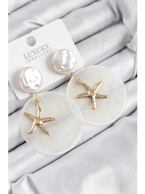 Inure Jewelry Pirinç Incili Deniz Kabuğu Figürlü Sedef Model Gold Renk Kadın Küpe