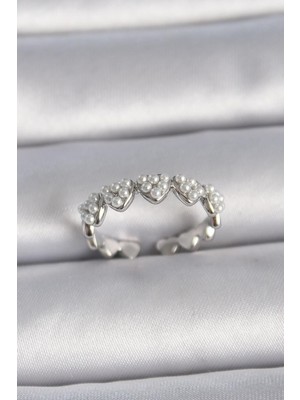 Inure Jewelry Pirinç Gümüş Renk Ayarlanabilir Incili Kalp Model Kadın Yüzük