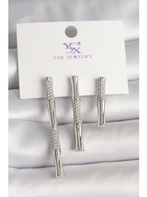 Inure Jewelry Pirinç Gümüş Renk Zirkon Taşlı Bambu Model 3'lü Kadın Kombin Küpe