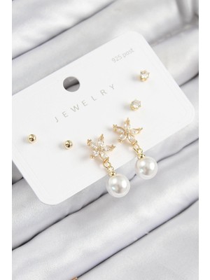 Inure Jewelry Pirinç Zirkon Taşlı Inci Sallantılı Çiçek Model Gümüş Renk 925 Ayar Gümüş Çivi Kadın Küpe Set
