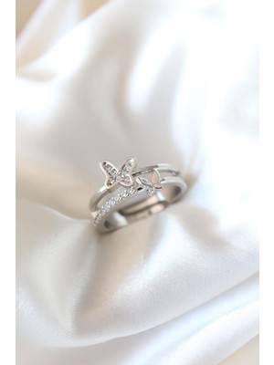 Inure Jewelry Zirkon Taşlı Gümüş Kaplama Kelebekli Kadın Yüzük