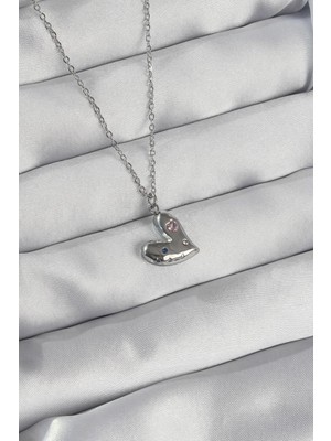 Inure Jewelry 316L Çelik Zincir Gümüş Renk Renkli Zirkon Taşlı Kalp Kolye