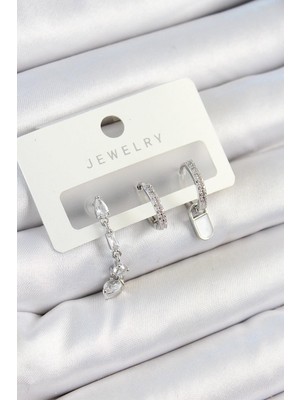 Inure Jewelry Pirinç Zirkon Taşlı Sallantılı Model Gümüş Renk 3'lü Çift Kadın Küpe Set
