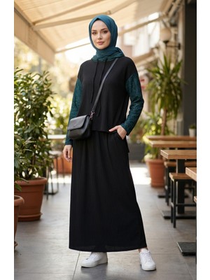 Sim Detaylı Kapüşonlu Ikili Takım 2221-04 Siyah Petrol