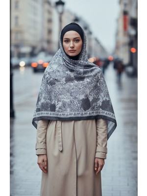 Çiçek Desenli Kehribar Şal 70358-06 Siyah Gri