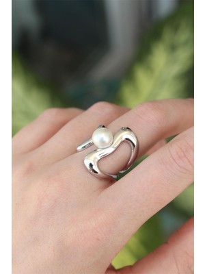 Inure Jewelry Pirinç Gümüş Renk Ayarlanabilir Inci Taşlı Yüzük