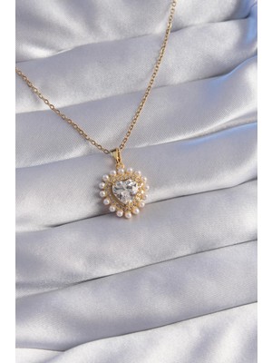 Inure Jewelry 316L Çelik Zincir Gold Renk Incili Zirkon Taşlı Kalp Tasarımlı Kolye
