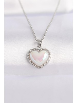 Inure Jewelry 316L Çelik Zincir Gümüş Renk Beyaz Taşlı Bombeli Kalp Kolye
