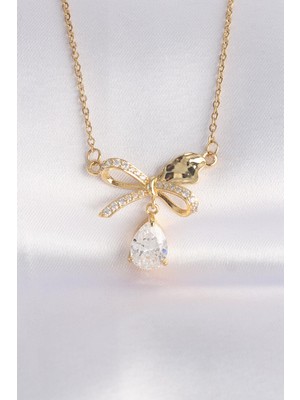 Inure Jewelry 316L Çelik Zincir Altın Renk Zirkon Taşlı Damla Detay Fiyonk Kolye