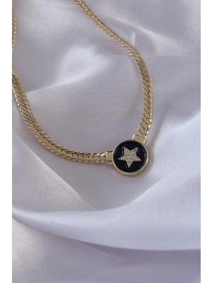 Inure Jewelry Pirinç Gold Renk Zirkon Taşlı Yıldız Model Siyah Mineli Ezme Zincirli Serenay Kolyesi