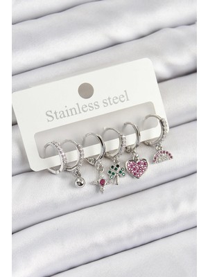 Inure Jewelry Pirinç Zirkon Taşlı Karpuz Yonca Kalp Pusula Karışık Model Gümüş Renk 6'lı Set Kadın Küpe