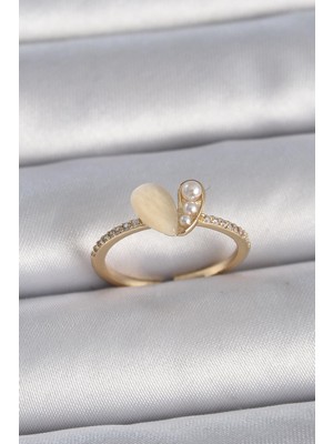 Inure Jewelry Pirinç Gümüş Renk Ayarlanabilir Zirkon Taşlı Beyaz Mineli Kalp Model Kadın Yüzük