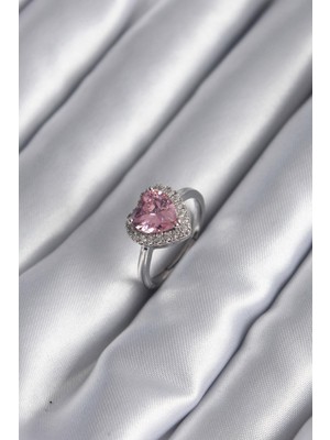 Inure Jewelry Pirinç Gümüş Renk Pembe Zirkon Taş Kalp Charm Model Kadın Yüzük