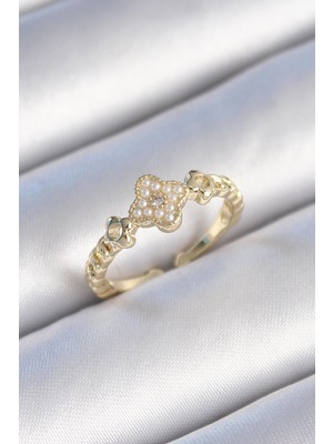 Inure Jewelry Pirinç Gold Renk Incili Yonca Model Zirkon Taş Detay Kadın Yüzük