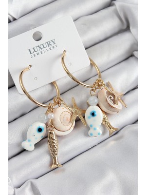 Inure Jewelry Pirinç Sallantılı Seramik Balık ve Deniz Kabuğu Model Gold Renk Kadın Küpe