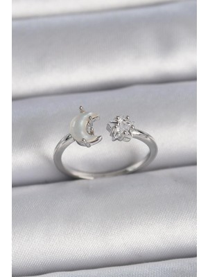 Inure Jewelry Pirinç Gümüş Renk Incili Hilal Zirkon Taşlı Yıldız Ayarlanabilir Kadın Yüzük