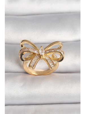 Inure Jewelry Pirinç Gold Renk Ayarlanabilir Zirkon Taşlı Kurdele Model Kadın Yüzük