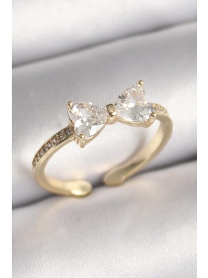 Inure Jewelry Pirinç Gold Renk Zirkon Taşlı Kalp Fiyonk Model Kadın Yüzük