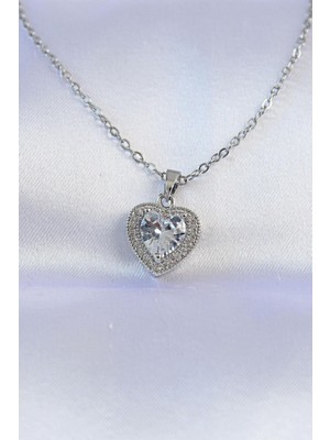 Inure Jewelry 316L Çelik Zincir Gümüş Renk Zirkon Taşlı Charm Kalp Kolye