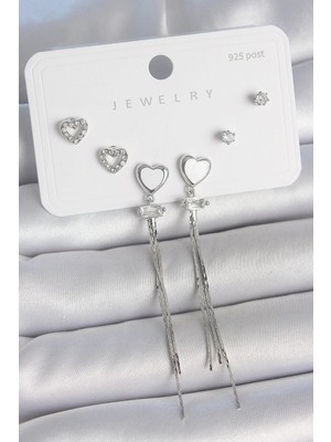 Inure Jewelry Pirinç Gümüş Sallantı Beyaz Mineli Kalp Model Zirkon Taşlı Kalp Detay 925 Ayar Gümüş Çivi Kadın Küpe Seti