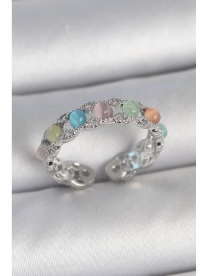 Inure Jewelry Pirinç Gümüş Renk Renkli Mineli Ayarlanabilir Kadın Yüzük