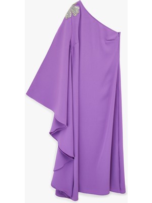 Koton Krep Kumaş Taşlı Aplike Detaylı Tek Omuz Uzun Elbise