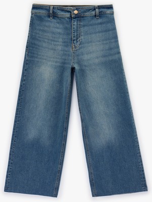 Koton Yüksek Bel Cep Detaylı Rahat Kalıp Geniş Paça Denim Pantolon - Culotte Jeans