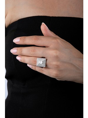 925 Ayar Gümüş Kare Kesim Taş Kaplama Baget Yüzük