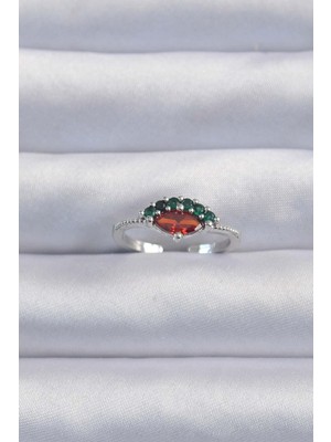 Inure Jewelry Pirinç Gümüş Renk Renkli Zirkon Taşlı Ayarlanabilir Karpuz Model Yüzük