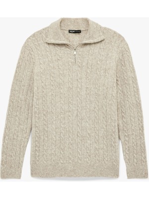 Koton Uzun Kollu Saç Örgü Dokulu Yarım Fermuarlı Triko Kazak